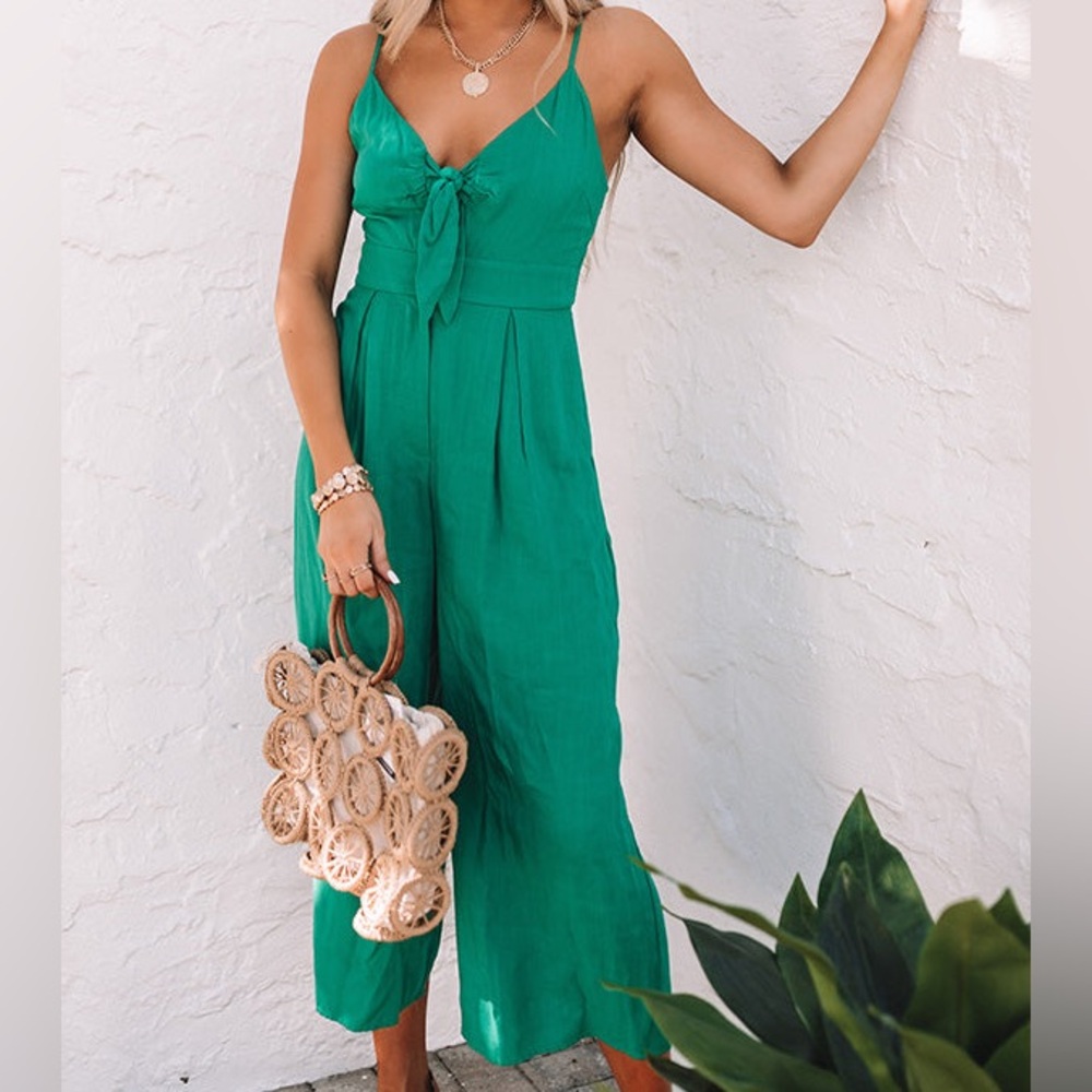GILLI | Front Tie Jumpsuit Romper Kelly Green Summer Beach Vacation Resort Rayon